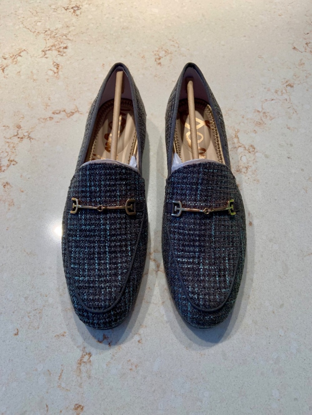 ✨NEW✨Sam Edelman Loraine  Olive Boucle Gold/Copper Metal Loafers